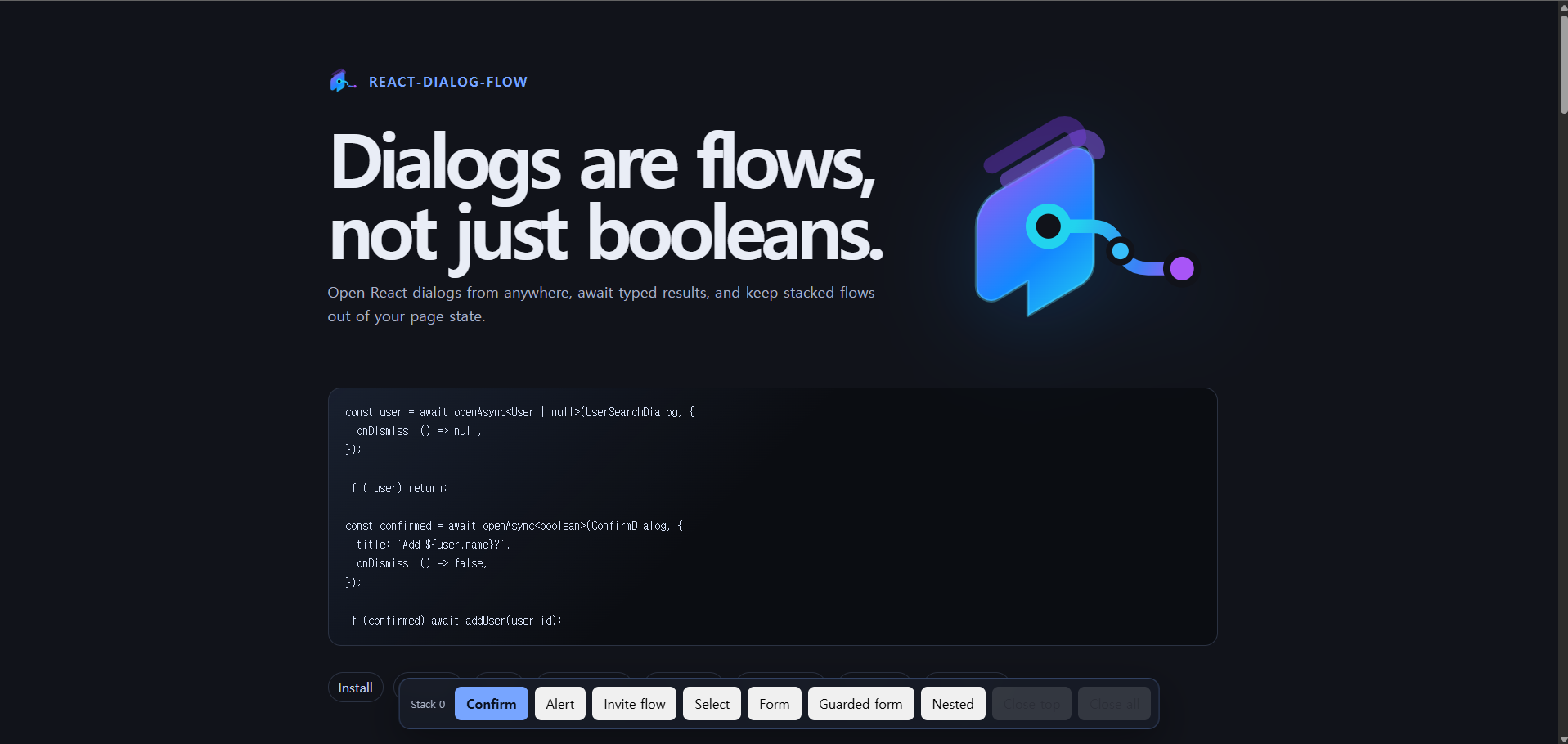 React Dialog Flow 중첩 Dialog 데모 화면